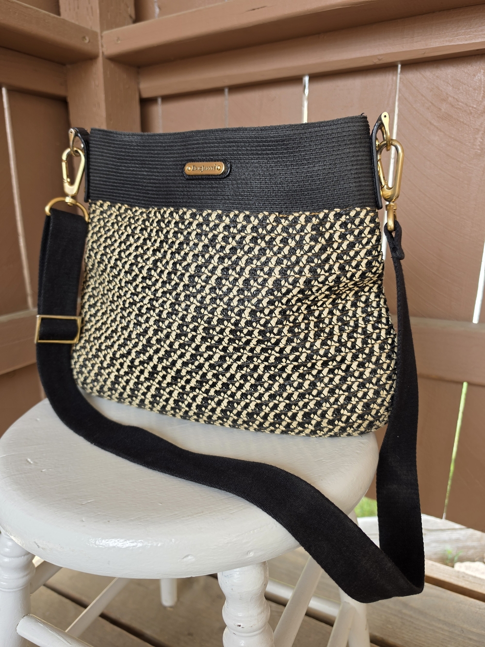 Eric Javits Black and Natural Crossbody Bag